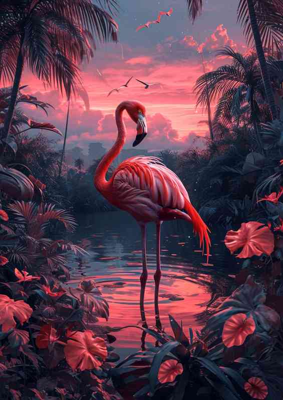 Pink flamongo with the setting sun | Poster