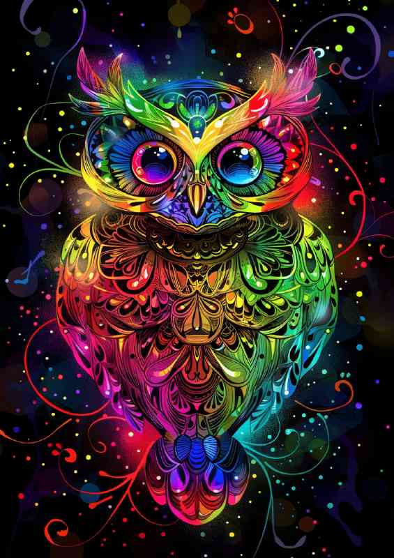 Rainbow Owl glitter and diamond dust swirls of color | Canvas