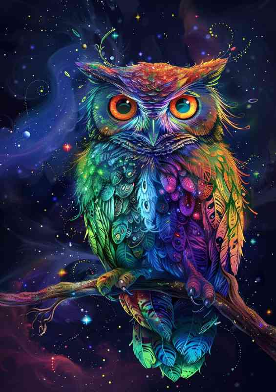 Rainbow feathers iridescent colors sitting Owl | Metal Poster
