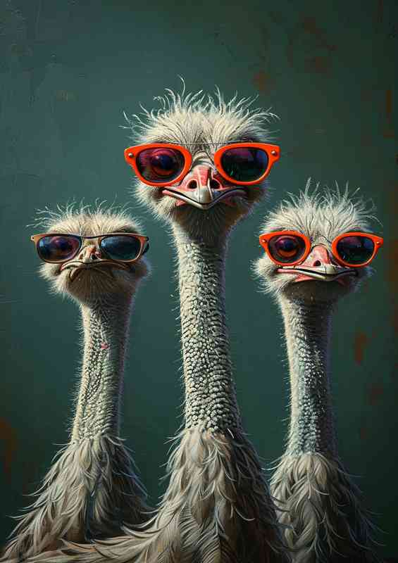 Three ostriches dressed in sunglasses | Metal Poster