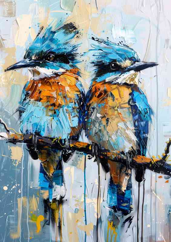 Two Kingfishers on a branch painted | Metal Poster