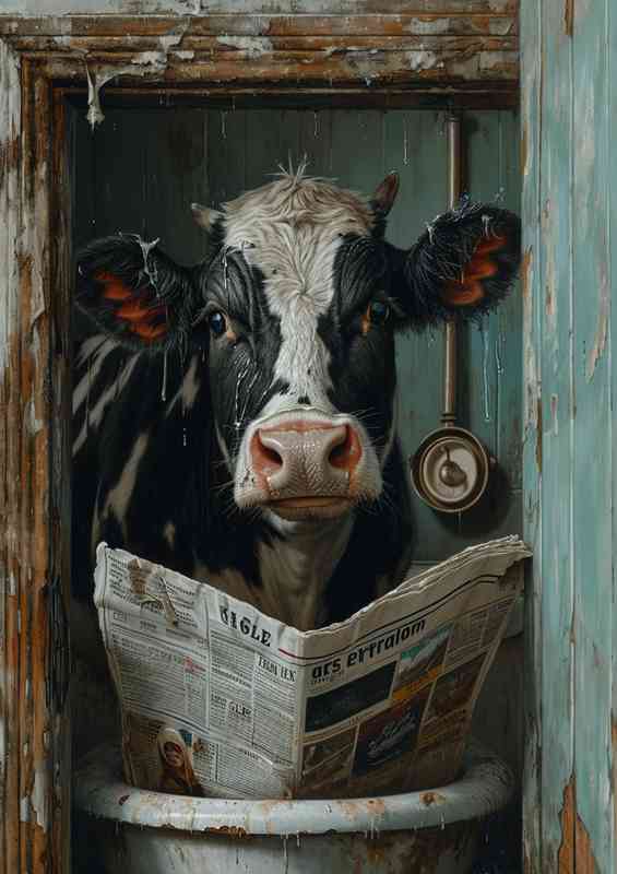 A cow reading a newspaper in the bath street art | Metal Poster