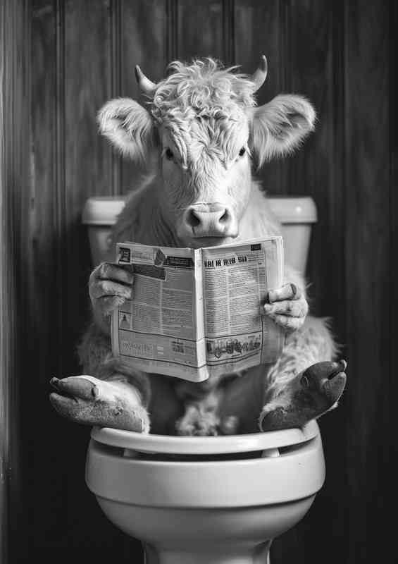 A cow seated on a toilet reading a paper | Di-Bond