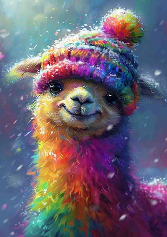 A cute llama laughing in a rainbow hat | Metal Poster