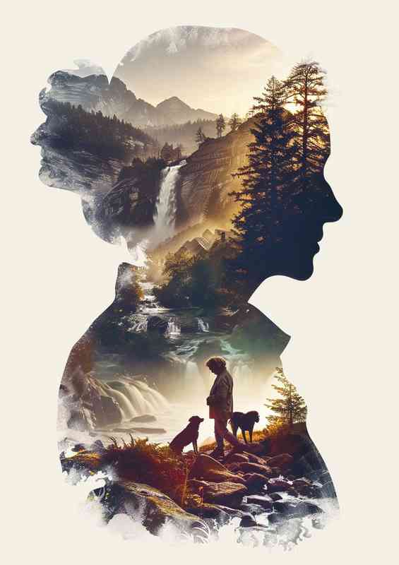 A double exposure the silhouette of a Lady and Dogs | Di-Bond