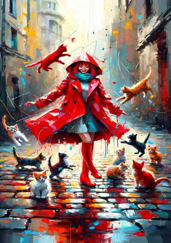 A girl in a striking red raincoat and vibrant red boots | Di-Bond
