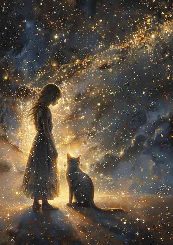 A girl stands by a cat with stars in the sky | Canvas