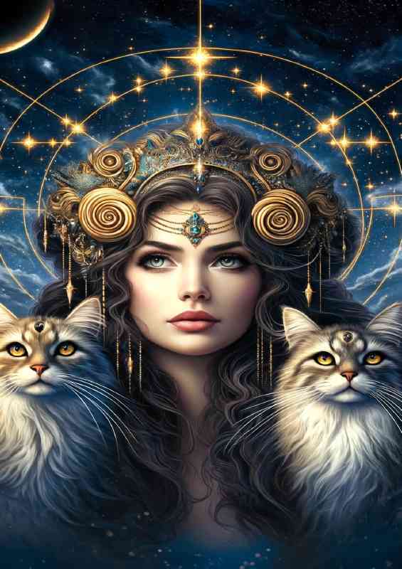 A stunning woman with a thoughtful gaze with Cats | Di-Bond