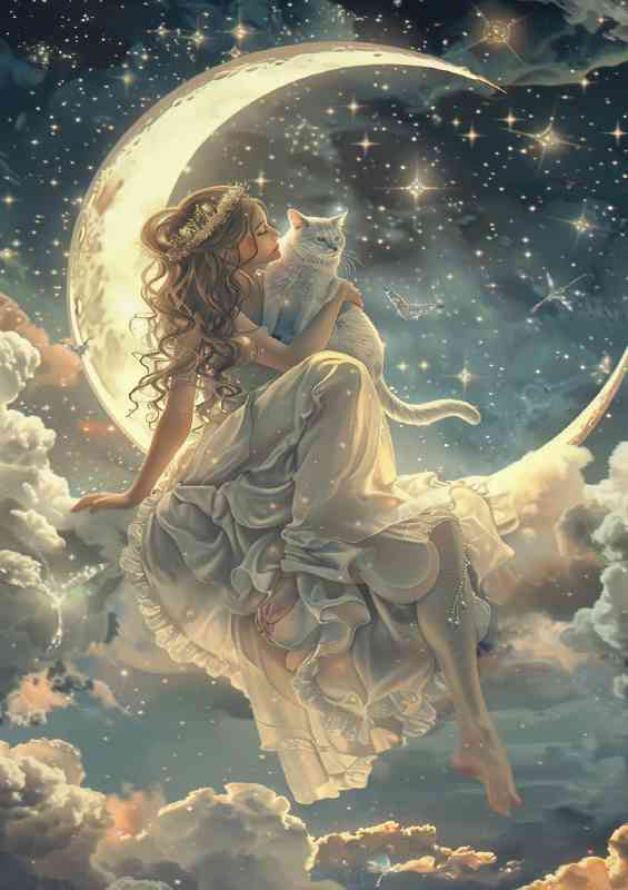 A white Cat and woman with long hair sitting on the crescent | Di-Bond