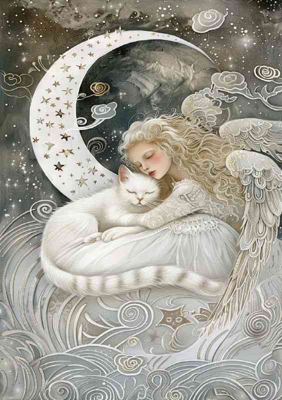 A white cat sits on the crescent moon with stars | Poster