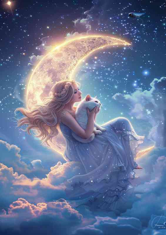 A white woman sitting on the crescent | Metal Poster