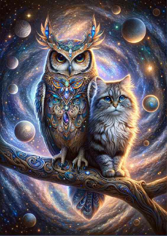 A wise owl with intricate feather pattern and Cat | Poster