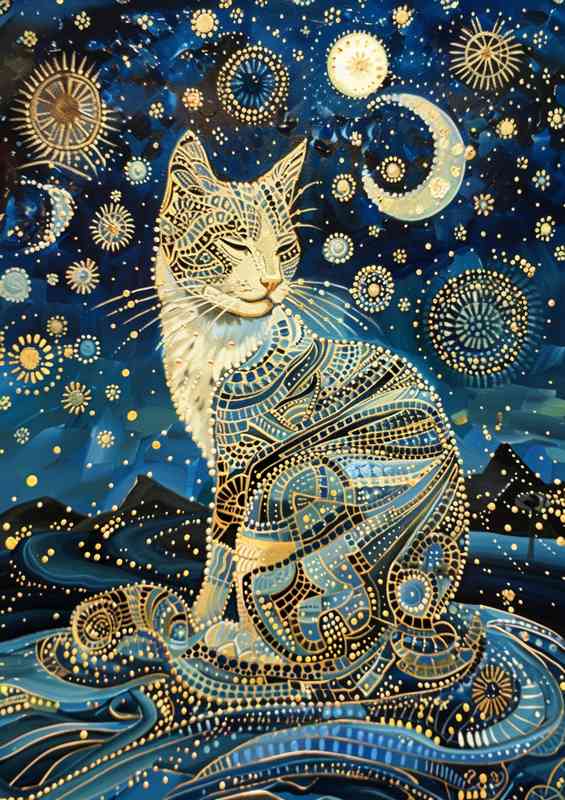 Abstract cat surrounded by shapes | Metal Poster