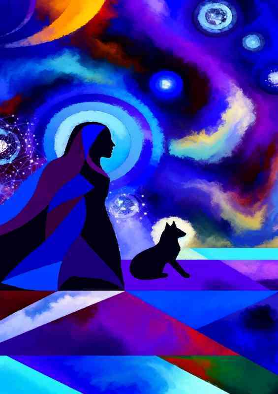 Abstract focusing on the mystical theme of a woman and a cat | Di-Bond
