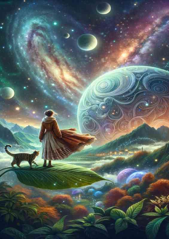 An enchanting scene Cat and a woman in a rustic dress | Poster
