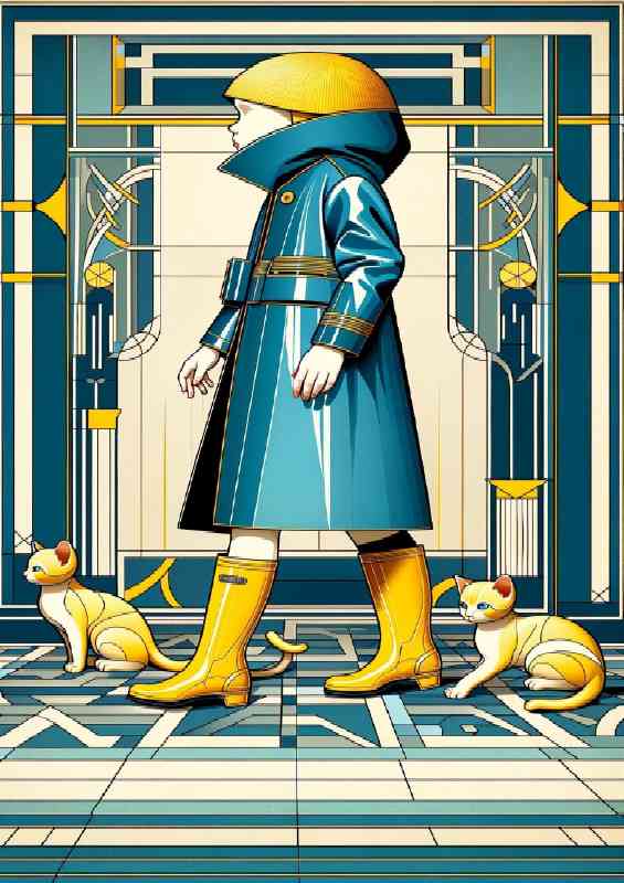 Art Deco capturing a child in a blue raincoat and yellow boots | Canvas