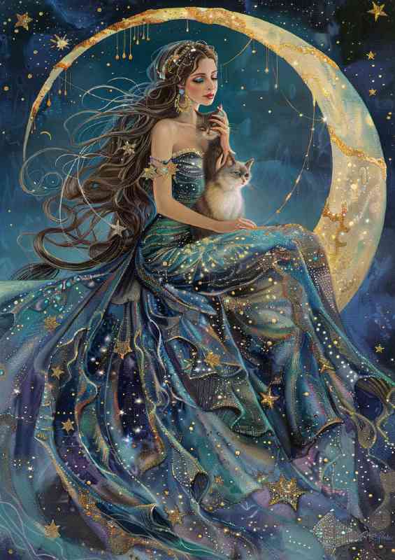 Beautiful goddess sits on the moon with cat | Poster