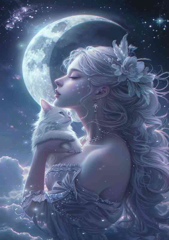Beautiful woman white cat in the moon star purple tones | Di-Bond