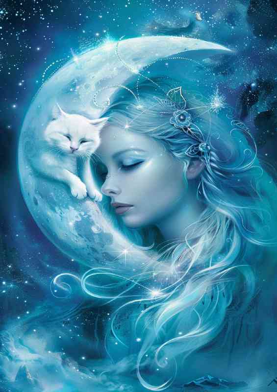 Beautiful woman with a white cat in the moon stars | Poster