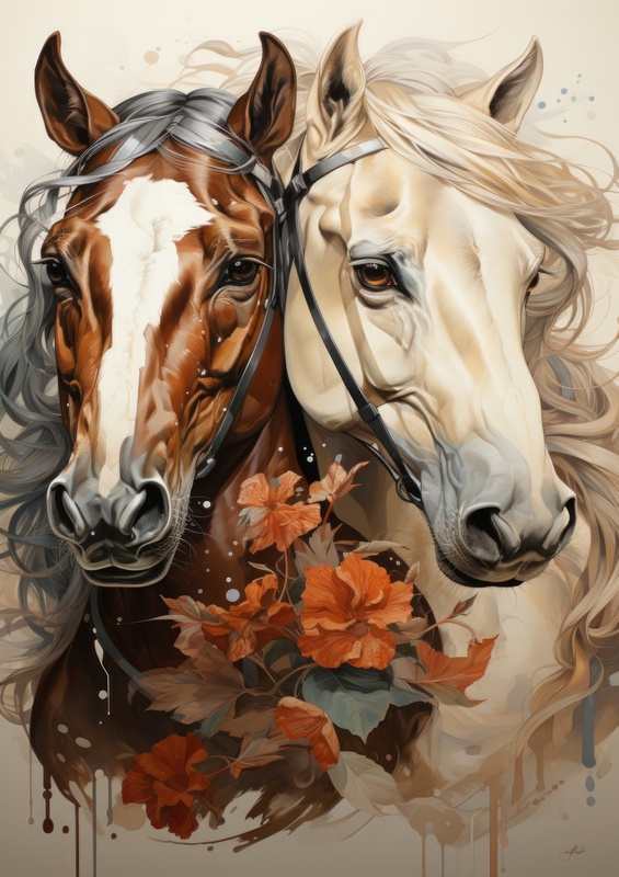 Brown and white Horses with flowers | Poster