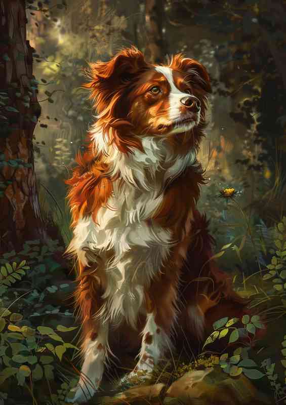 Brown and white dog in a forest | Canvas
