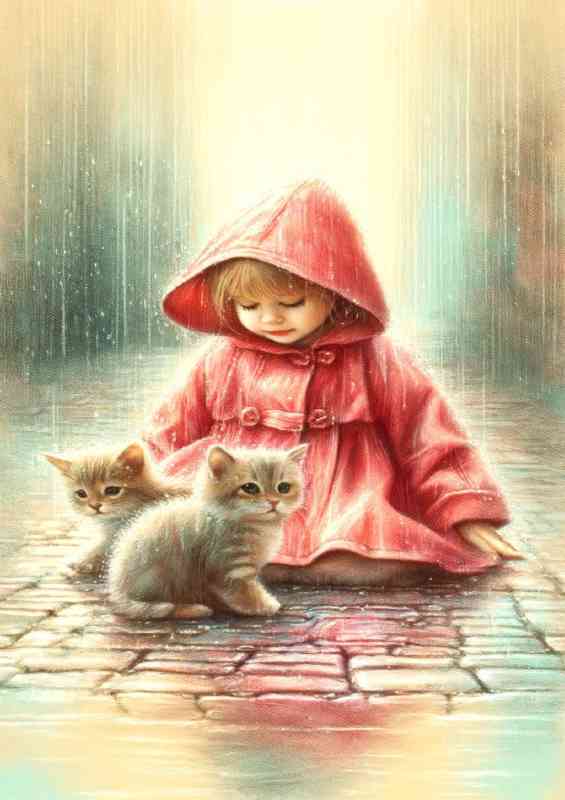 Capturing a child in a red raincoat and kittens | Metal Poster