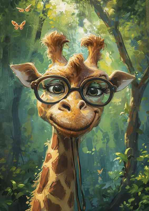 Cartoon painting of a giraffe with glasses | Metal Poster