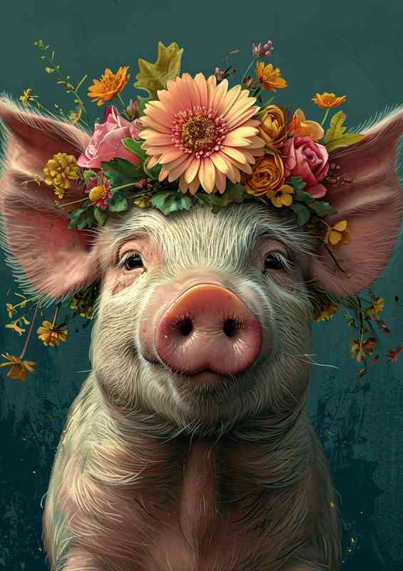 Cartoon pig is wearing a flower and green background | Poster