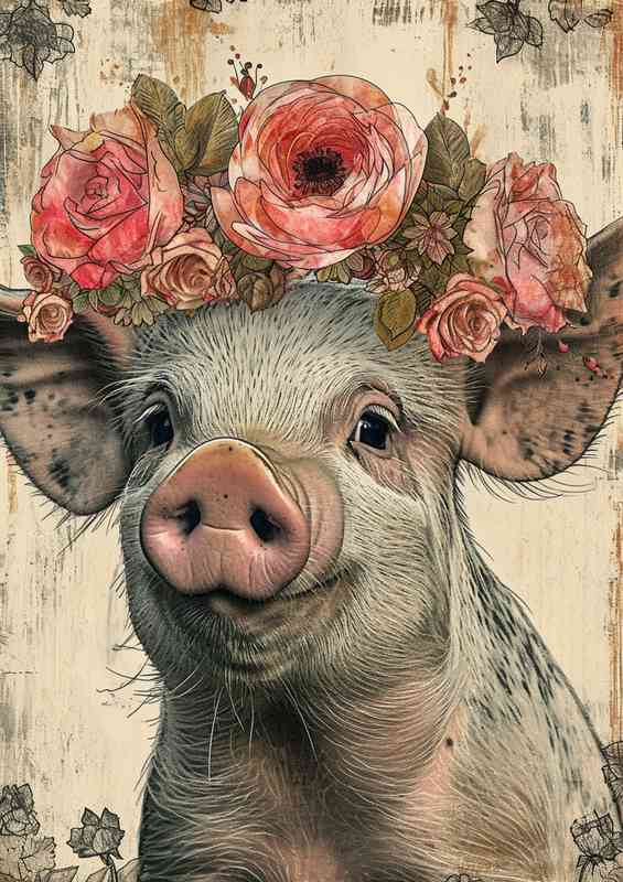 Cartoon pig is wearing a flower crown | Metal Poster