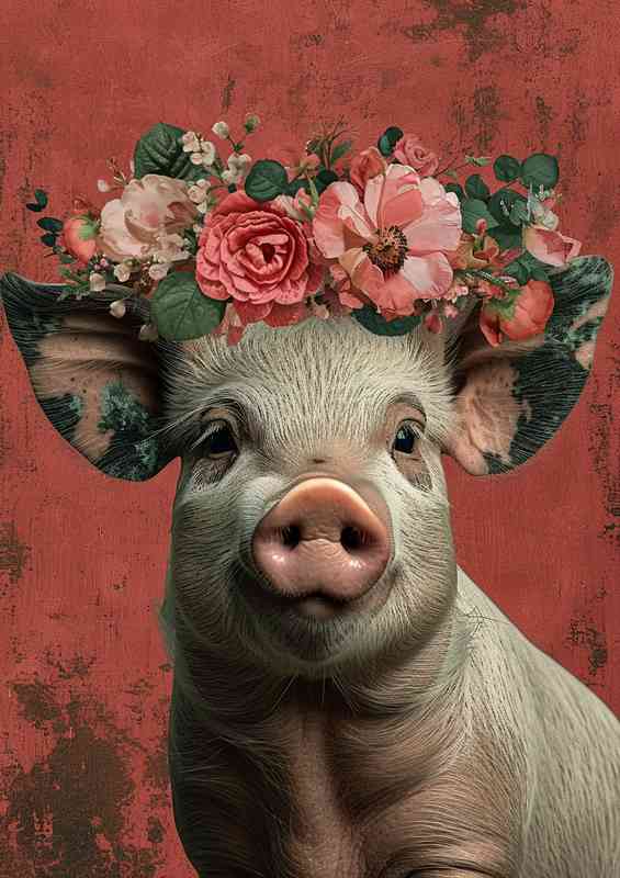 Cartoon pig is wearing a flower crown and red background | Metal Poster