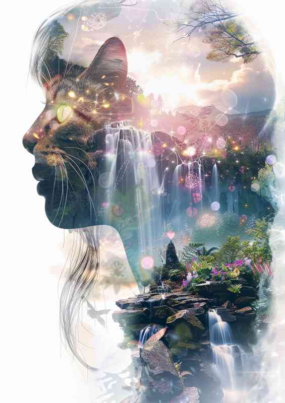 Cat and the lady by the waterfall | Metal Poster