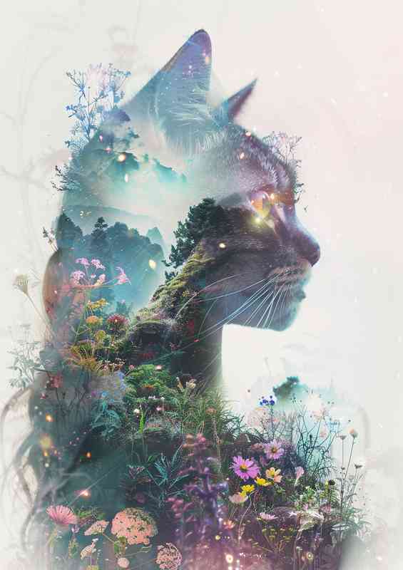 Cat in the medow of flowers | Metal Poster