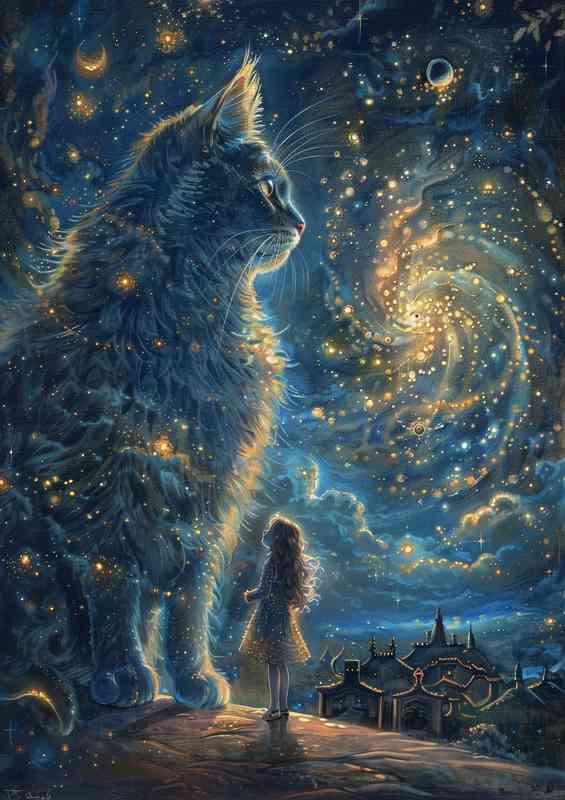 Cat with stars in the sky and girl | Poster