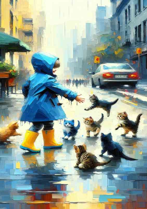 Child in a blue raincoat and bright yellow boots playful kittens | Metal Poster