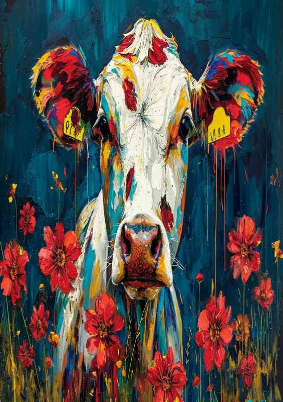 Claire the cow in a painted field | Metal Poster