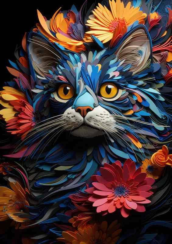 Colourful Cat surrounded by flowers | Metal Poster