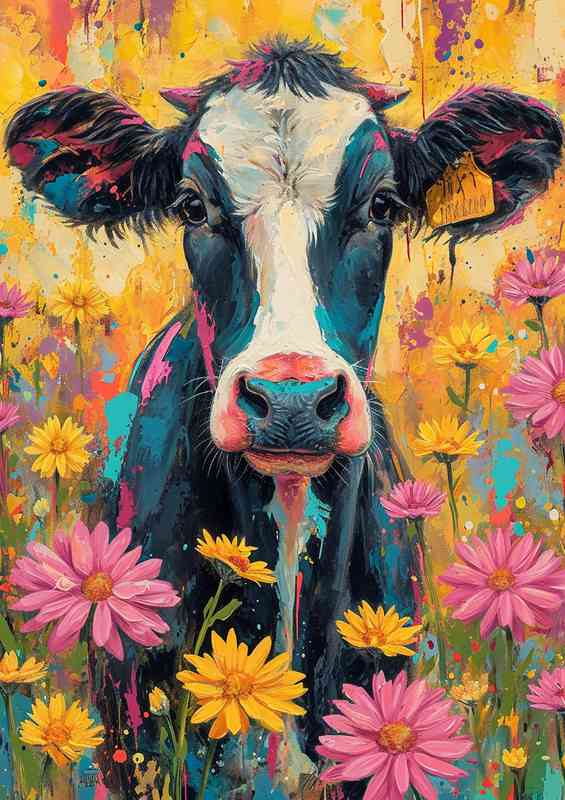 Daisy the cow in a field of flowers | Poster