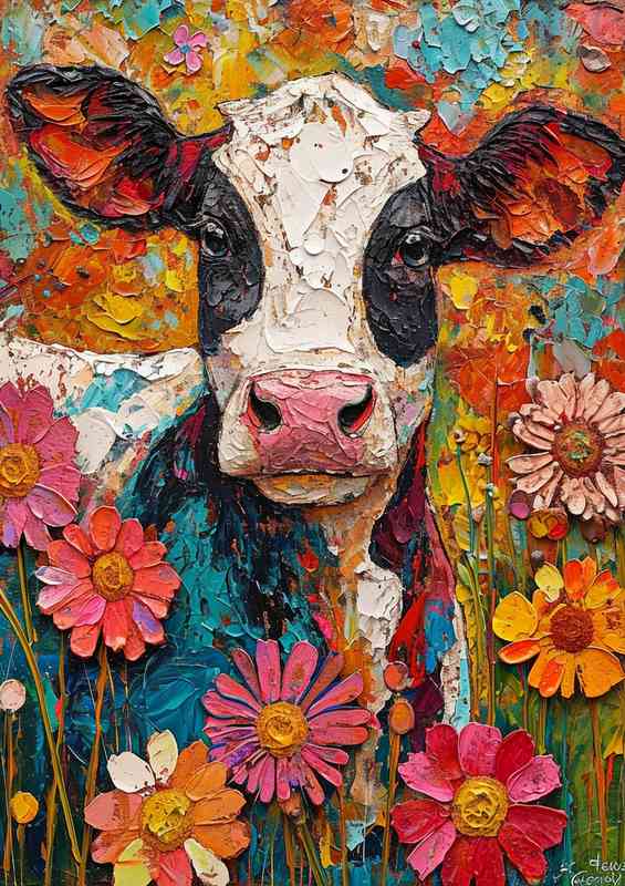 Daisy the painted cow in a flower field | Metal Poster