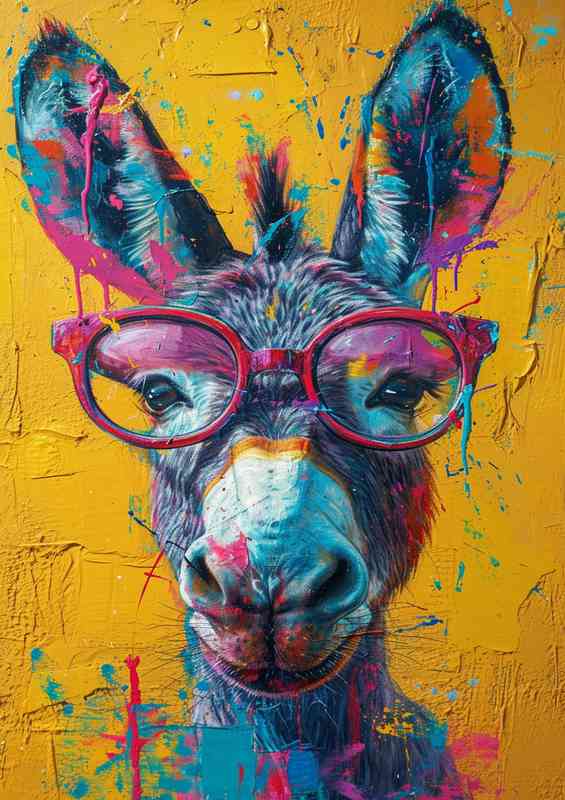 Donkey wearing glasses with a yellow background | Poster