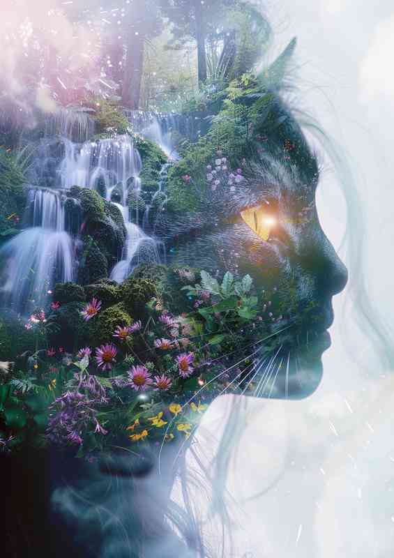Double exposure cat lady face waterfall | Metal Poster
