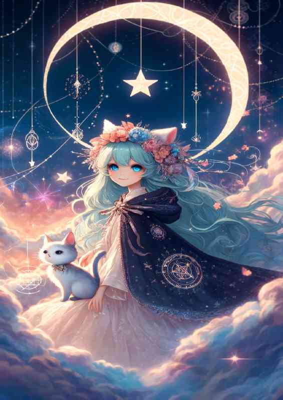 Dreamy scene featuring a whimsical character with a cat | Poster