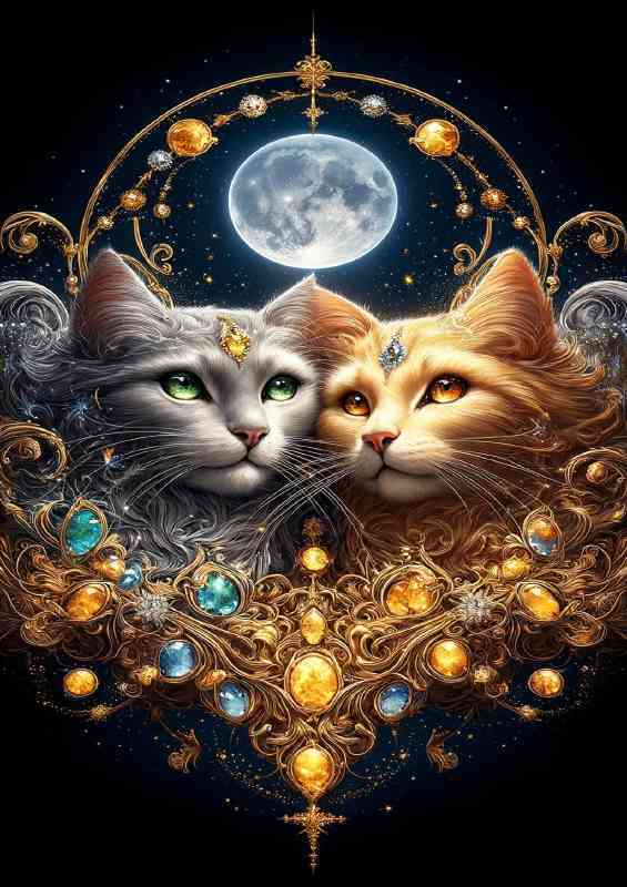 Envision a pair of elegant cats one with lustrous silver | Poster