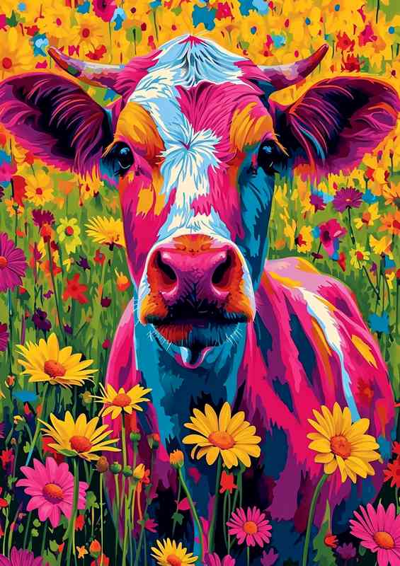 Fran the colourful cow in a diasy field | Metal Poster
