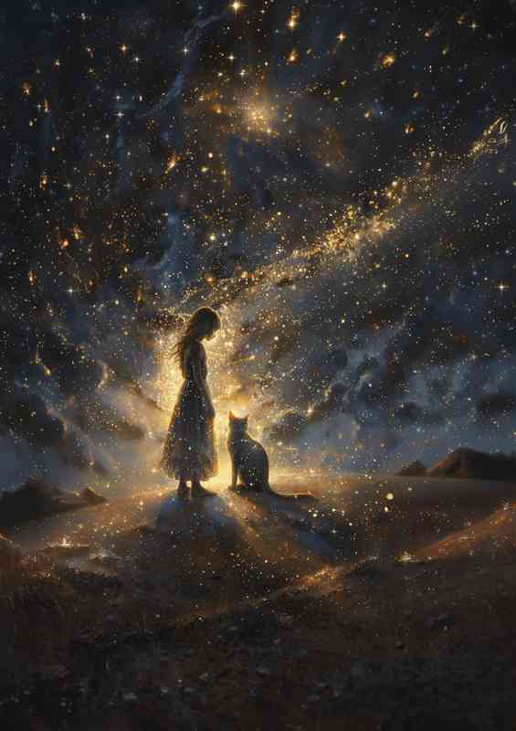 Girl and Cat standing in the stars | Metal Poster