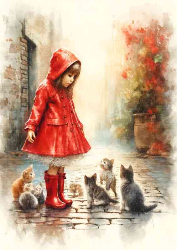 Girl in a red raincoat and boots surrounded by kittens | Di-Bond
