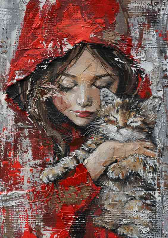 Girl in red hood with Cat | Canvas