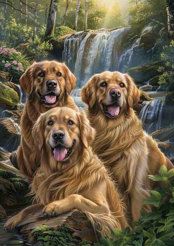 Golden retriver Dogs palying in the enchanted woodland | Canvas