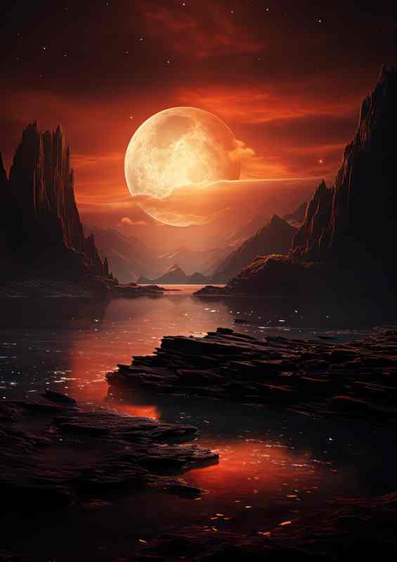 Fabled Griffins Gorge Metal Poster with Red Moon