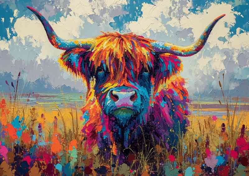 Highland cow in a colourful flower field | Di-Bond