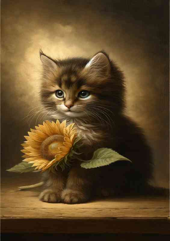 Kitten holding a sunflower | Canvas